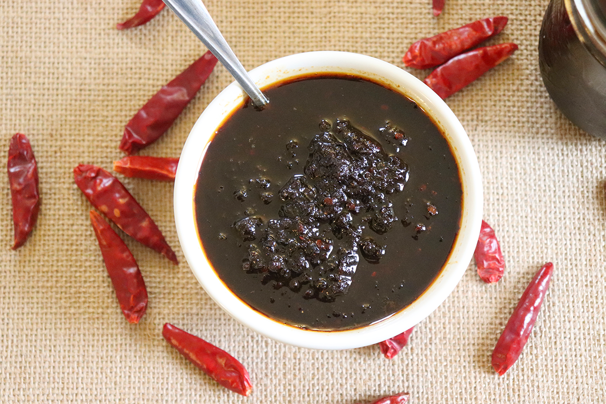 A bowl of myShito pepper sauce with dried chilies